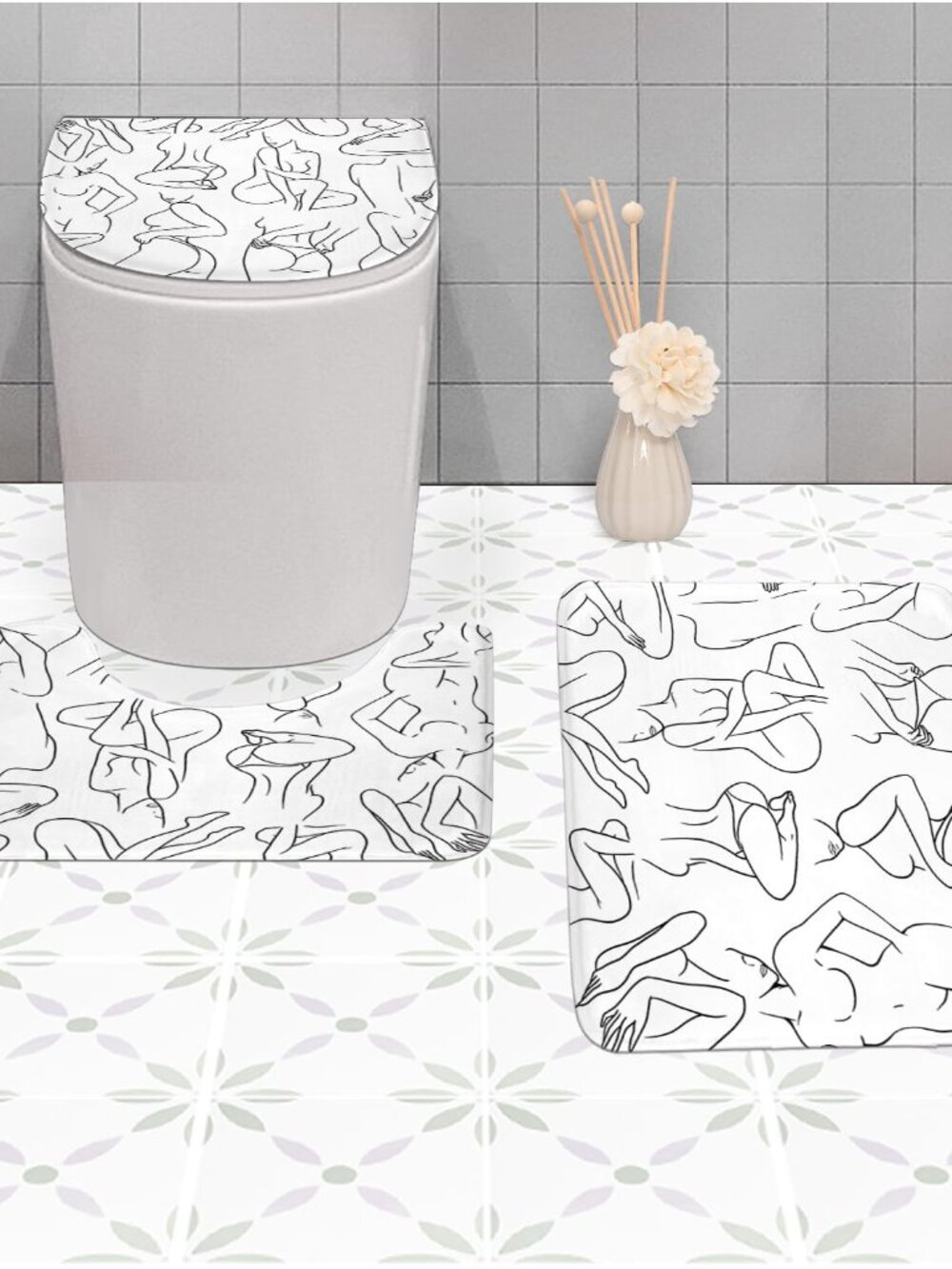 4PCs Abstract Black White Bathroom Sets Women Line Shower Curtain Set 72Wx72H Mo - Picture 3 of 7